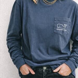 XXL Vineyard Vines Navy Blue Long Sleeve Pocket T Shirt Whale Logo Nautical Plus